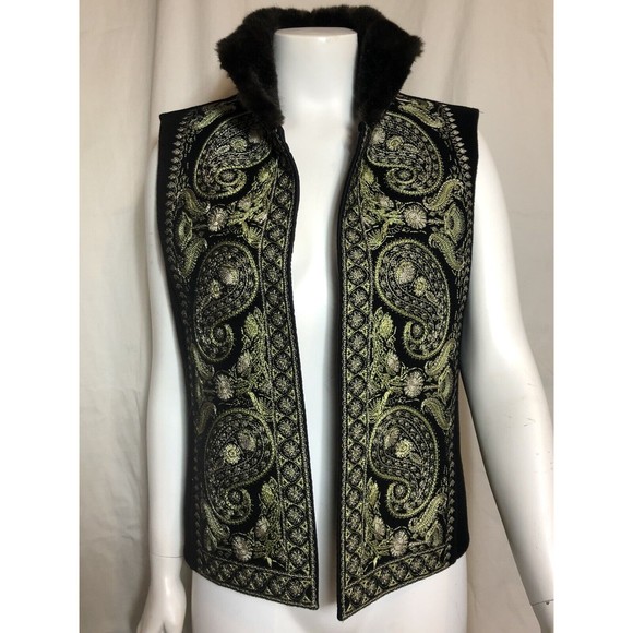 LINDA ALLARD ELLEN TRACY Wool Vest Embroidered Black Faux Fur Collar Small - Picture 1 of 12